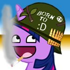 Size: 138x138 | Tagged: safe, derpibooru import, twilight sparkle, dragon quest, army, awesome face, badass, born to x, cigarette, full metal jacket, helmet, military, parody, picture for breezies, reaction image, smoking, solo