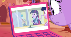 Size: 1596x840 | Tagged: safe, derpibooru import, thunderbass, twilight sparkle, equestria girls, equestria girls (movie), background human, bathroom, computer, library, screaming, this strange world