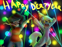 Size: 1280x960 | Tagged: safe, artist:fatcakes, derpy hooves, human, hat, new year, party hat, party horn