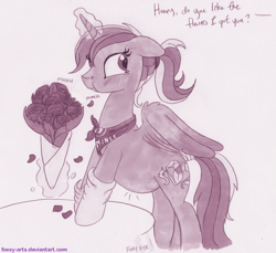 Size: 981x900 | Tagged: safe, artist:foxxy-arts, princess cadance, alicorn, pony, bandana, belly, blushing, bouquet, clothes, cute, cutedance, eating, female, flower, herbivore, horses doing horse things, implied shining armor, magic, mare, ponytail, pregdance, pregnant, rose, socks, solo, tail wrap