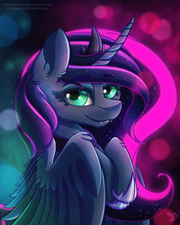 Size: 1360x1700 | Tagged: safe, artist:midnightsix3, princess luna, alicorn, pony, curved horn, eyeliner, fangs, female, hoof shoes, makeup, mare, smiling, solo