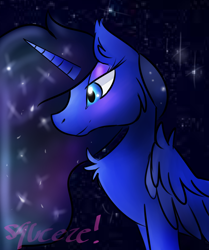 Size: 1024x1223 | Tagged: safe, artist:mymangasqueeze, princess luna, alicorn, pony, blushing, chest fluff, female, looking down, mare, solo