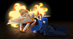 Size: 1980x1080 | Tagged: safe, artist:crimsonfruitcake, daybreaker, princess luna, alicorn, pony, boop, floppy ears, gritted teeth, looking at each other, mane of fire, noseboop, spread wings, wings