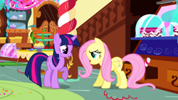 Size: 1366x768 | Tagged: safe, derpibooru import, screencap, fluttershy, twilight sparkle, pegasus, pony, griffon the brush off, duo, interior, looking at each other, raised hoof, sugarcube corner