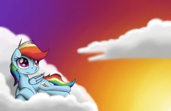 Size: 1105x722 | Tagged: safe, artist:theebonyheart, rainbow dash, pegasus, pony, blue coat, cloud, female, mare, multicolored mane, solo