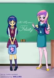 Size: 1100x1600 | Tagged: safe, artist:twilite-sparkleplz, part of a series, part of a set, dean cadance, flash sentry, princess cadance, oc, oc:felicity sentry, equestria girls, backpack, blushing, chalkboard, clothes, commission, commissioner:shortskirtsandexplosions, crossdressing, crystal prep academy, crystal prep academy uniform, crystal prep shadowbolts, desk, equestria girls-ified, eraser, femboy, looking at you, male, not rule 63, open mouth, school uniform, smiling, trap