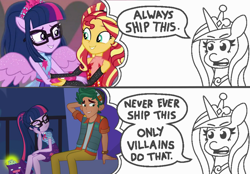 Size: 1567x1092 | Tagged: safe, artist:threetwotwo32232, edit, screencap, princess cadance, sci-twi, sunset shimmer, timber spruce, twilight sparkle, alicorn, better together, equestria girls, forgotten friendship, star crossed, always ship this, backwards, bowtie, clothes, comic, dialogue, exploitable, exploitable meme, female, glasses, holding, lesbian, lidded eyes, male, meme, my hero academia, parody, ponied up, ponytail, princess of shipping, scitwilicorn, scitwishimmer, shipper on deck, shipping, skirt, smiling, straight, sunsetsparkle, timbertwi