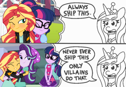 Size: 1642x1145 | Tagged: safe, artist:spottedlions, artist:threetwotwo32232, edit, princess cadance, sci-twi, starlight glimmer, sunset shimmer, twilight sparkle, alicorn, equestria girls, mirror magic, spoiler:eqg specials, always ship this, bowtie, canterlot high, clothes, comic, courtyard, dialogue, exploitable meme, eyes closed, female, glasses, guilt trip, hat, hug, jacket, jealous, leather jacket, lesbian, magical trio, meme, mouthpiece, my hero academia, necktie, one eye closed, op is a cuck, op is trying to start shit, open mouth, parody, portal, princess of shipping, scitwishimmer, shimmerglimmer, shipper on deck, shipping, shipping war, statue, sunsetsparkle