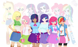 Size: 1895x1149 | Tagged: safe, artist:rarity-pie, derpibooru import, applejack, fluttershy, pinkie pie, rainbow dash, rarity, twilight sparkle, equestria girls, comparison, humane six, humanized, mane six