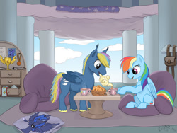 Size: 980x735 | Tagged: safe, artist:kodardragon, princess luna, rainbow dash, oc, alicorn, pegasus, pony, bed, cloudsdale, cup, ear fluff, food, medal, pillow, saddle bag, table, tea, teacup, unshorn fetlocks