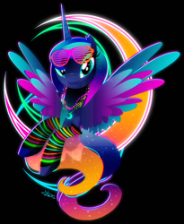 Size: 1024x1248 | Tagged: safe, artist:ii-art, princess luna, alicorn, pony, black background, bust, color porn, design, eyestrain warning, female, mare, neon, shirt design, simple background, smiling, solo, spread wings, sunglasses, synthwave, watermark, wings