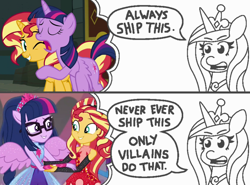 Size: 1374x1017 | Tagged: safe, artist:threetwotwo32232, edit, screencap, princess cadance, sci-twi, sunset shimmer, twilight sparkle, twilight sparkle (alicorn), alicorn, equestria girls, equestria girls series, forgotten friendship, always ship this, backwards, clothes, comic, dialogue, exploitable, exploitable meme, female, glasses, holding, lesbian, lidded eyes, male, meme, my hero academia, parody, ponied up, ponytail, princess of shipping, scitwilicorn, scitwishimmer, shipper on deck, shipping, skirt, smiling, sunsetsparkle