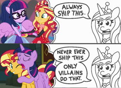 Size: 1398x1024 | Tagged: safe, artist:threetwotwo32232, edit, screencap, princess cadance, sci-twi, sunset shimmer, twilight sparkle, twilight sparkle (alicorn), alicorn, better together, equestria girls, forgotten friendship, always ship this, backwards, clothes, comic, dialogue, exploitable, exploitable meme, female, glasses, holding, lesbian, lidded eyes, male, meme, my hero academia, parody, ponied up, ponytail, princess of shipping, scitwilicorn, scitwishimmer, shipper on deck, shipping, skirt, smiling, sunsetsparkle