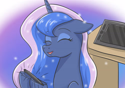 Size: 4092x2893 | Tagged: safe, artist:sumin6301, princess luna, alicorn, pony, drawing tablet, eyes closed, female, mare, smiling, solo, stylus, table