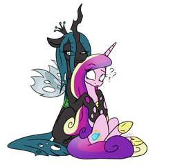 Size: 2182x2108 | Tagged: safe, artist:ggchristian, princess cadance, queen chrysalis, alicorn, changeling, changeling queen, pony, cadalis, cutie mark, female, high res, horn, hug, infidelity, jewelry, lesbian, question mark, raised eyebrow, regalia, shipping, simple background, sitting, white background, wings