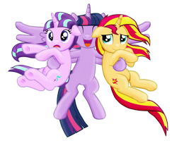 Size: 1259x1024 | Tagged: safe, artist:majkashinoda626, derpibooru import, starlight glimmer, sunset shimmer, twilight sparkle, twilight sparkle (alicorn), alicorn, pony, unicorn, equestria girls, counterparts, magical trio, twilight's counterparts, twishimmerglimmer