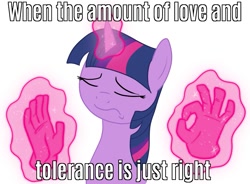 Size: 1169x860 | Tagged: safe, derpibooru import, edit, twilight sparkle, caption, exploitable meme, hand, image macro, love and tolerate, magic, magic hands, meme, pacha, solo, text, the emperor's new groove, when x just right