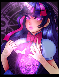 Size: 695x900 | Tagged: safe, artist:usagikari, derpibooru import, twilight sparkle, human, book, clothes, equestria girls outfit, horned humanization, humanized, looking at you, magic, magic circle, purple eyes, solo