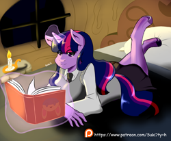 Size: 1224x1008 | Tagged: safe, artist:suki262, derpibooru import, twilight sparkle, anthro, unguligrade anthro, bed, book, candle, glowing horn, magic, patreon, patreon logo, reading, solo, telekinesis