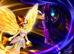 Size: 1024x745 | Tagged: safe, artist:teammagix, derpibooru import, midnight sparkle, sci-twi, sunset shimmer, twilight sparkle, equestria girls, friendship games, daydream shimmer, fight