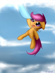 Size: 768x1024 | Tagged: safe, artist:mrsremi, rainbow dash, scootaloo, pegasus, pony, catching, cloud, duo, female, filly, floppy ears, open mouth, scootalove, sky, spread wings, wings