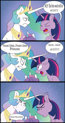 Size: 852x1605 | Tagged: safe, artist:cheerfulcolors, derpibooru import, edit, princess celestia, princess flurry heart, twilight sparkle, alicorn, pony, spoiler:s06, comic, dialogue