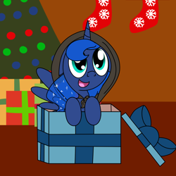 Size: 1280x1280 | Tagged: safe, artist:toonboy92484, princess luna, alicorn, pony, box, christmas, christmas stocking, christmas tree, cloak, clothes, cute, holiday, hunted luna, pony in a box, present, socks, solo, tree