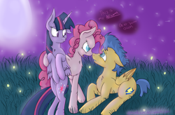 Size: 2581x1692 | Tagged: safe, artist:amandaam, derpibooru import, flash sentry, pinkie pie, twilight sparkle, twilight sparkle (alicorn), alicorn, earth pony, firefly (insect), pony, armpits, boop, female, floppy ears, frown, lesbian, mare, moon, night, nose wrinkle, noseboop, possessive, shipping, twinkie