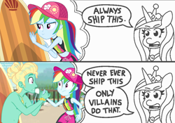 Size: 1229x858 | Tagged: safe, artist:ilaria122, artist:threetwotwo32232, princess cadance, rainbow dash, zephyr breeze, alicorn, blue crushed, equestria girls, equestria girls series, always ship this, anti-shipping, belly button, clothes, comic, dialogue, exploitable meme, female, gladys, gladysdash, hat, male, meme, midriff, multicolored hair, my hero academia, parody, princess of shipping, shipper on deck, shipping, simple background, straight, surfboard, swimsuit, zephdash