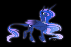 Size: 1300x856 | Tagged: safe, artist:probablyfakeblonde, princess luna, alicorn, pony, black background, chest fluff, cloven hooves, female, folded wings, leonine tail, mare, simple background, solo, unshorn fetlocks