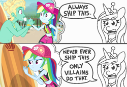 Size: 1229x848 | Tagged: safe, artist:ilaria122, artist:threetwotwo32232, princess cadance, rainbow dash, zephyr breeze, alicorn, blue crushed, equestria girls, equestria girls series, always ship this, anti-shipping, belly button, clothes, comic, dialogue, exploitable meme, female, gladys, hat, male, meme, midriff, multicolored hair, my hero academia, parody, princess of shipping, shipper on deck, shipping, straight, surfboard, swimsuit, zephdash