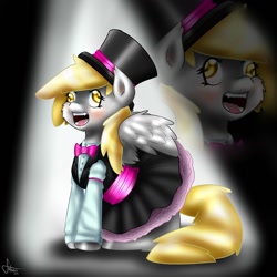 Size: 1280x1280 | Tagged: safe, artist:fatcakes, derpy hooves, pegasus, pony, clothes, dress, female, hat, mare, open mouth, singing, top hat