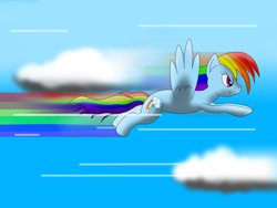 Size: 1024x768 | Tagged: safe, artist:xhardwirex, rainbow dash, pegasus, pony, cloud, female, flying, mare, smiling, solo, spread wings, wings