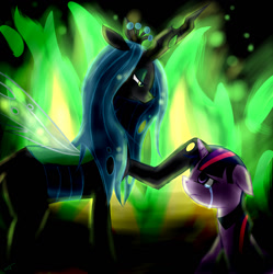 Size: 1175x1180 | Tagged: safe, artist:luna77899, derpibooru import, queen chrysalis, twilight sparkle, twilight sparkle (alicorn), alicorn, changeling, changeling queen, pony, crying, female, mare, sitting, slave