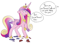 Size: 1937x1419 | Tagged: safe, artist:kipaki, princess cadance, alicorn, pony, clothes, female, horn, human to pony, jewelry, male to female, raised hoof, regalia, rule 63, simple background, solo, speech bubble, sweat, torn clothes, transformation, transformed, transgender transformation, transparent background, wings, worried