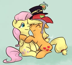 Size: 900x813 | Tagged: safe, artist:ponchuzn, applejack, fluttershy, earth pony, pegasus, pony, appleshy, female, hat, lesbian, shipping, silly hat