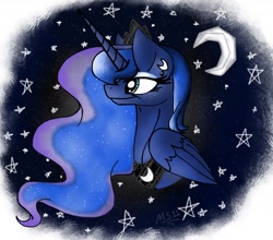 Size: 1560x1370 | Tagged: safe, artist:melonseed11, princess luna, alicorn, pony, bust, female, folded wings, mare, moon, night, portrait, profile, solo, stars