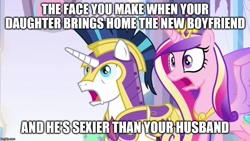 Size: 888x500 | Tagged: safe, edit, edited screencap, screencap, princess cadance, shining armor, alicorn, pony, unicorn, the beginning of the end, caption, female, image macro, implied flurry heart, male, mare, meme, shocked, shocked expression, shocked face, stallion, text