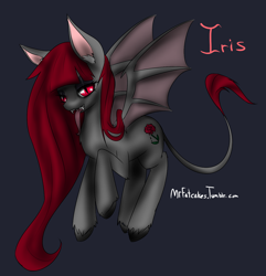 Size: 1254x1303 | Tagged: safe, artist:fatcakes, oc, oc only, oc:iris, bat pony, pony, bat pony oc, chest fluff, ear fluff, fluffy, flying, gray background, long mane, looking at you, simple background, slit eyes, solo, tongue out, unshorn fetlocks