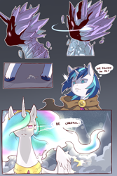 Size: 960x1440 | Tagged: safe, artist:cold-blooded-twilight, nightmare moon, princess celestia, shining armor, alicorn, pony, unicorn, comic:cold storm, cloak, clothes, comic, dialogue, female, male, mare, robe, speech bubble, stallion, unshorn fetlocks