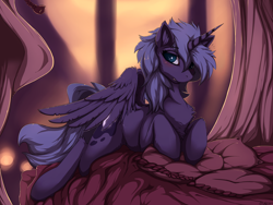 Size: 1280x960 | Tagged: safe, artist:blackkaries, princess luna, alicorn, pony, bed, blushing, chest fluff, ear fluff, female, fluffy, looking at you, mare, messy mane, prone, s1 luna, solo, wings