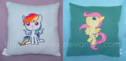 Size: 1000x484 | Tagged: safe, artist:sequinjar, fluttershy, rainbow dash, pegasus, pony, friendship is magic, cushion, cute, pillow, plushie