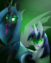 Size: 1024x1280 | Tagged: safe, artist:yuriio-nice, queen chrysalis, shining armor, changeling, changeling queen, pony, unicorn, a canterlot wedding, duo, female, glowing eyes, mind control, tongue out, wings