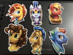 Size: 2048x1536 | Tagged: safe, artist:jedayskayvoker, big macintosh, bow hothoof, cheese sandwich, flash sentry, shining armor, sunburst, earth pony, pegasus, pony, unicorn, bust, cape, clothes, glasses, helmet, male, shirt, stallion