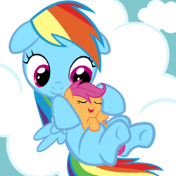 Size: 4200x4200 | Tagged: safe, artist:beavernator, rainbow dash, scootaloo, pegasus, pony, absurd resolution, baby, baby pony, baby scootaloo, cloud, cute, foal, holding a pony, scootalove