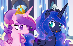 Size: 1024x646 | Tagged: safe, artist:kimyowolf, princess cadance, princess luna, alicorn, crystal pony, pony, base used, colored wings, colored wingtips, crown, crystal alicorn, crystallized, eye contact, female, jewelry, lidded eyes, looking at each other, mare, open mouth, regalia, smiling