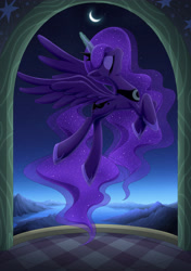 Size: 2832x4019 | Tagged: safe, artist:liu ting, princess luna, alicorn, pony, eyes closed, female, flying, glowing horn, magic, magic aura, mare, moon, solo, spread wings, wings