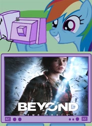 Size: 582x800 | Tagged: safe, rainbow dash, pegasus, pony, beyond two souls, blue coat, exploitable meme, female, mare, multicolored mane, solo, tv meme