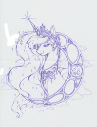 Size: 1218x1586 | Tagged: safe, artist:longinius, princess luna, alicorn, pony, abstract background, bust, crescent moon, crown, ear piercing, earring, female, horn ring, jewelry, mare, monochrome, moon, peytral, piercing, regal, regalia, sketch, smiling