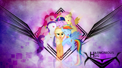 Size: 1920x1080 | Tagged: safe, artist:brainlesspoop, artist:mehoep, derpibooru import, applejack, fluttershy, pinkie pie, rainbow dash, rarity, twilight sparkle, twilight sparkle (alicorn), alicorn, earth pony, pegasus, pony, unicorn, crown, element of generosity, element of honesty, element of kindness, element of laughter, element of loyalty, female, group hug, grunge, mane six, mare, reflection, vector, wallpaper